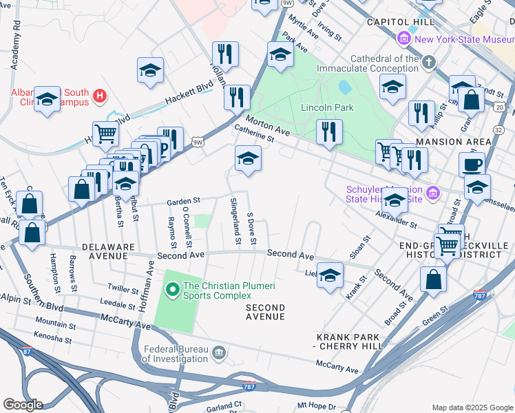 map of restaurants, bars, coffee shops, grocery stores, and more near 42 S Dove St in Albany