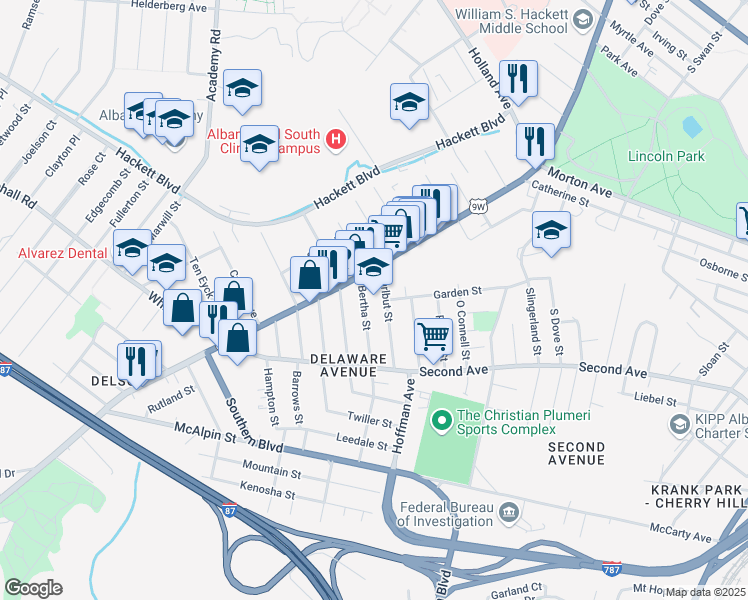 map of restaurants, bars, coffee shops, grocery stores, and more near 342 Delaware Avenue in Albany