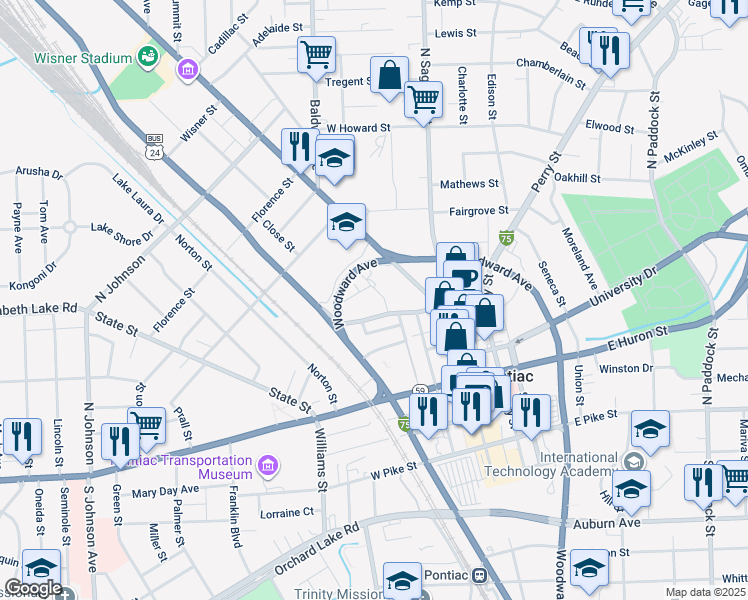 map of restaurants, bars, coffee shops, grocery stores, and more near 85 Oakland Avenue in Pontiac