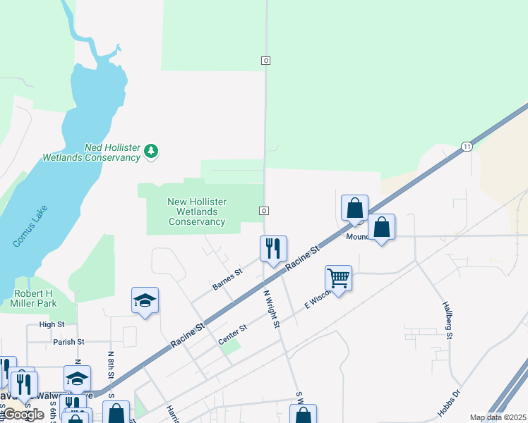map of restaurants, bars, coffee shops, grocery stores, and more near 735 Sugar Creek Road in Delavan