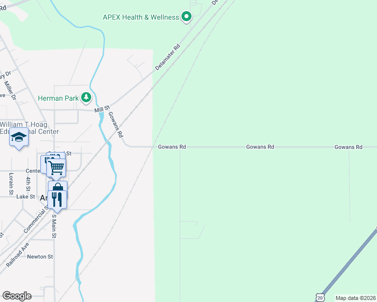 map of restaurants, bars, coffee shops, grocery stores, and more near 1261 Gowans Road in Angola