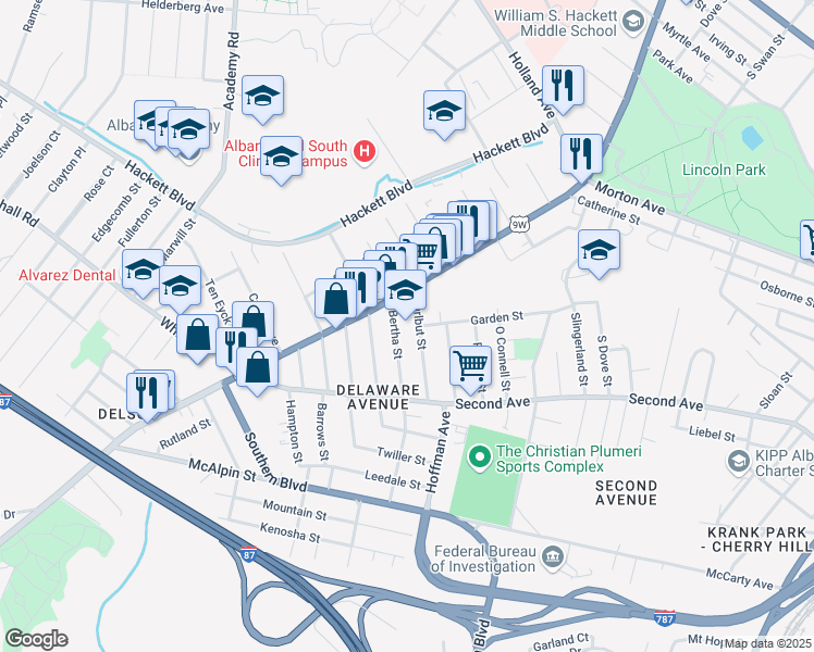 map of restaurants, bars, coffee shops, grocery stores, and more near 43 Bertha Street in Albany