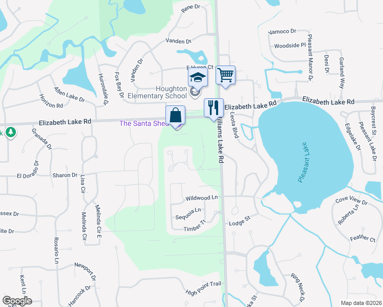 map of restaurants, bars, coffee shops, grocery stores, and more near 139 Huronview Court in White Lake charter Township