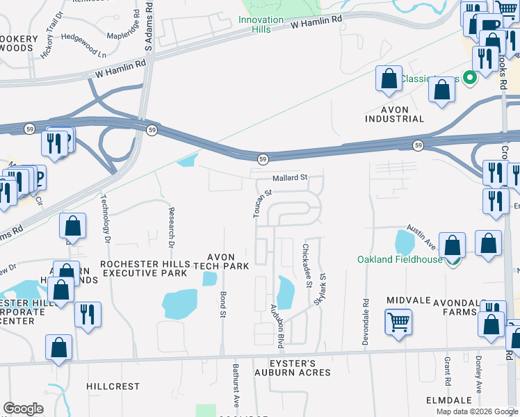 map of restaurants, bars, coffee shops, grocery stores, and more near Toucan Street in Rochester Hills