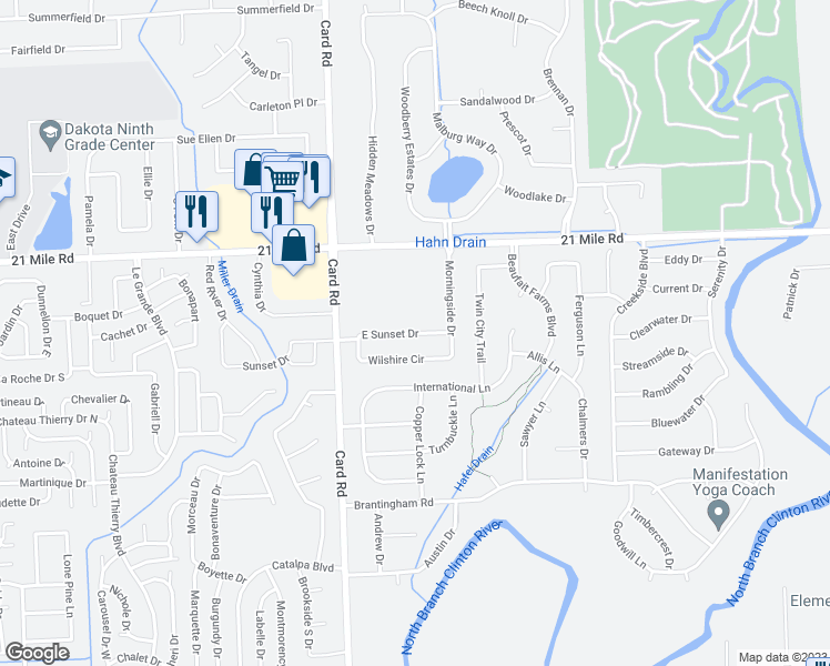 map of restaurants, bars, coffee shops, grocery stores, and more near 46777 Morningside Drive in Macomb