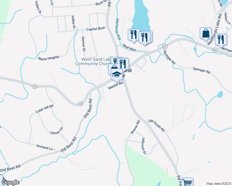 map of restaurants, bars, coffee shops, grocery stores, and more near 24 Meeler Road in West Sand Lake
