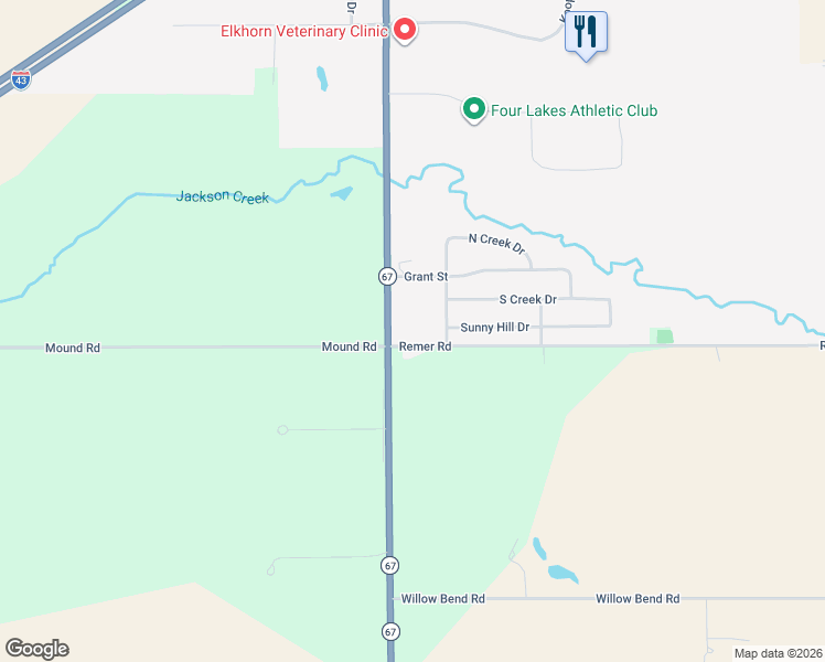 map of restaurants, bars, coffee shops, grocery stores, and more near 209 Grant Street in Elkhorn