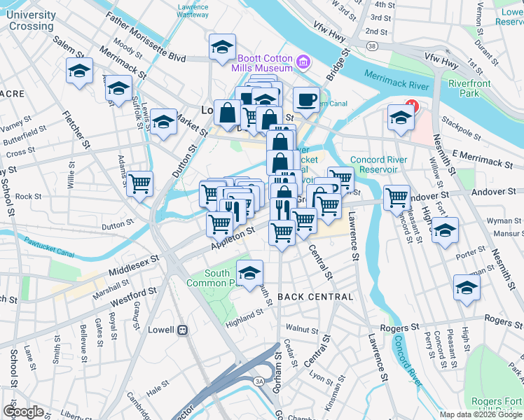map of restaurants, bars, coffee shops, grocery stores, and more near 82 Jackson Street in Lowell