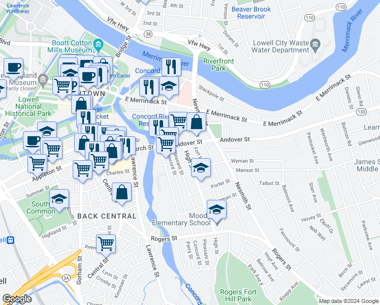 map of restaurants, bars, coffee shops, grocery stores, and more near 288 High Street in Lowell