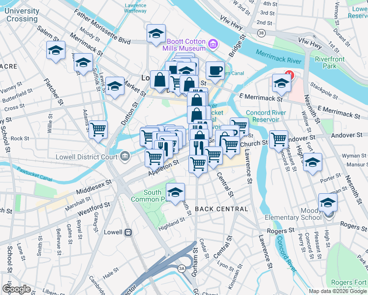 map of restaurants, bars, coffee shops, grocery stores, and more near 82 Jackson Street in Lowell