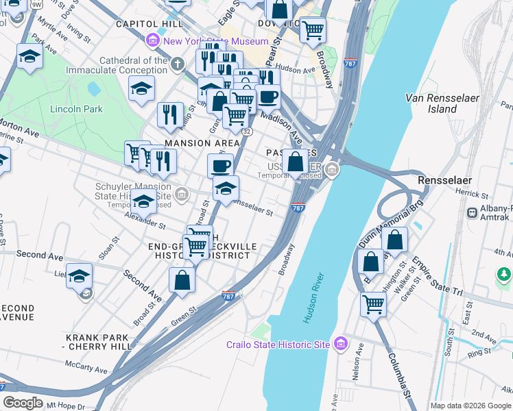 map of restaurants, bars, coffee shops, grocery stores, and more near 260 South Pearl Street in Albany