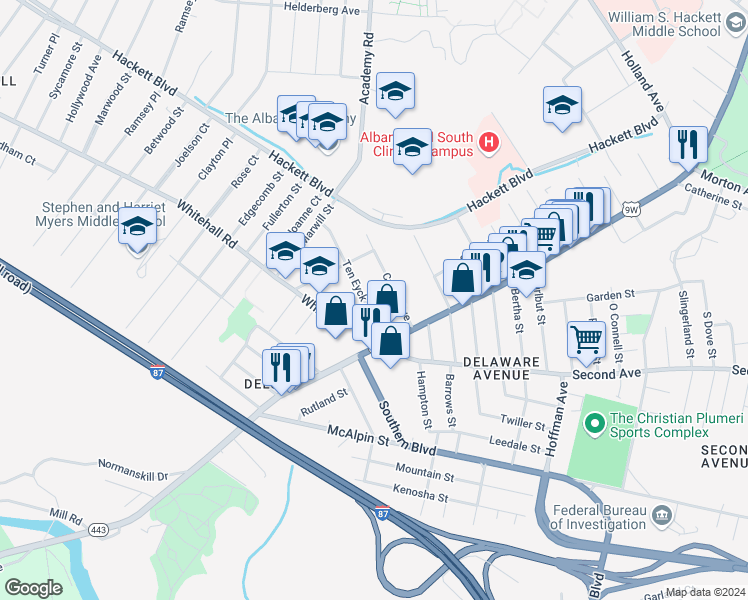 map of restaurants, bars, coffee shops, grocery stores, and more near 28 Cuyler Avenue in Albany