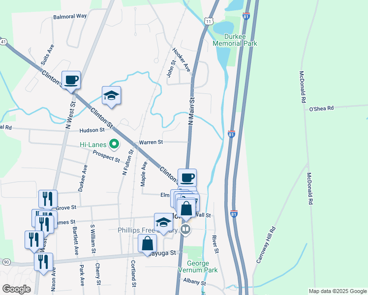 map of restaurants, bars, coffee shops, grocery stores, and more near 5 Warren Street in Homer