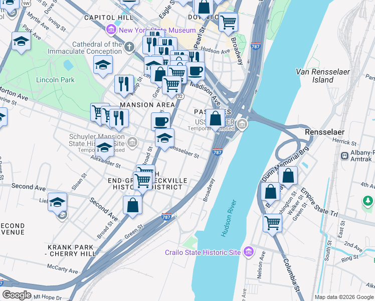 map of restaurants, bars, coffee shops, grocery stores, and more near 175 Green Street in Albany