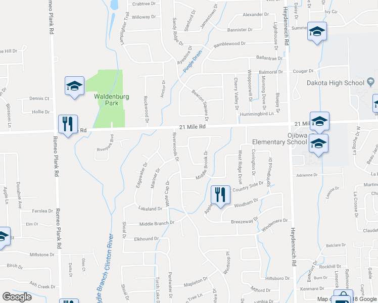 map of restaurants, bars, coffee shops, grocery stores, and more near 46808 Pine Valley Drive in Macomb