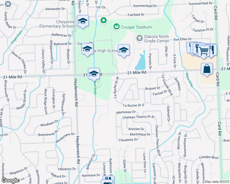 map of restaurants, bars, coffee shops, grocery stores, and more near 46625 La Roche Drive West in Macomb