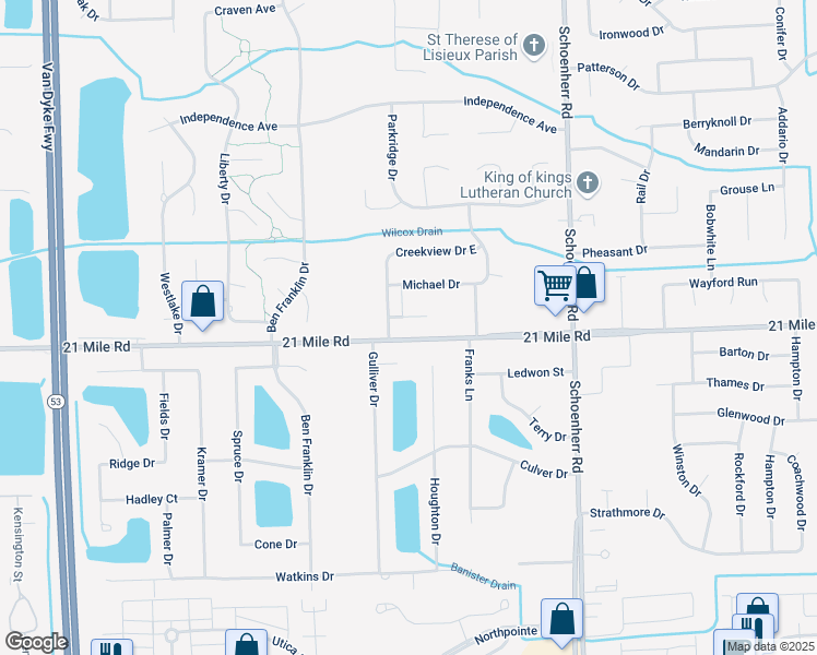 map of restaurants, bars, coffee shops, grocery stores, and more near 12973 Janine Court in Macomb County