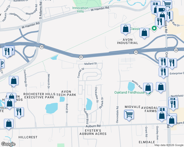 map of restaurants, bars, coffee shops, grocery stores, and more near 447 Flamingo Street in Rochester Hills