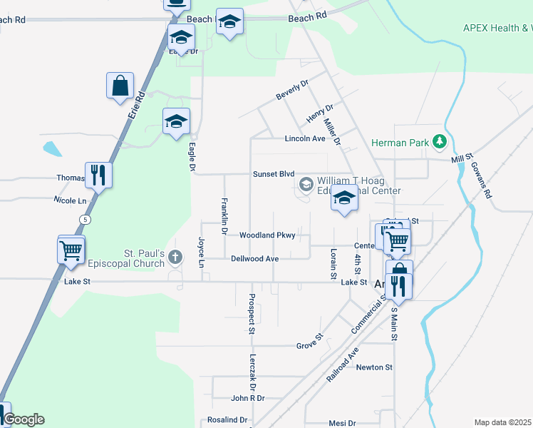 map of restaurants, bars, coffee shops, grocery stores, and more near 54 Glenwood Ave in Angola