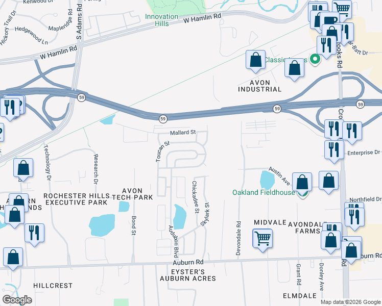 map of restaurants, bars, coffee shops, grocery stores, and more near 447 Flamingo Street in Rochester Hills