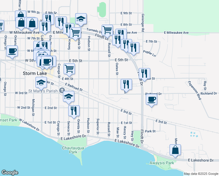 map of restaurants, bars, coffee shops, grocery stores, and more near 418 Russell St in Storm Lake