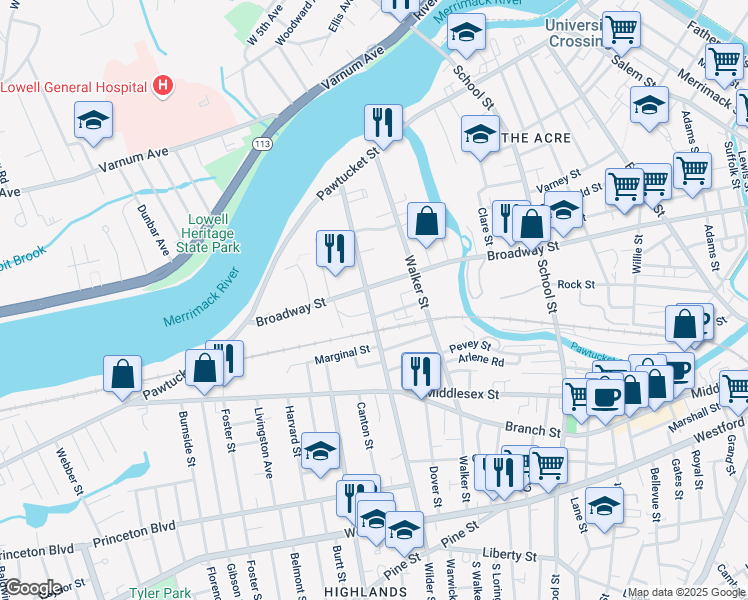 map of restaurants, bars, coffee shops, grocery stores, and more near 804 Broadway Street in Lowell