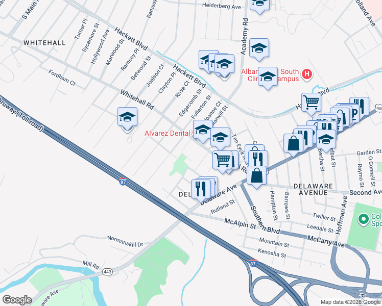 map of restaurants, bars, coffee shops, grocery stores, and more near 123 Whitehall Road in Albany