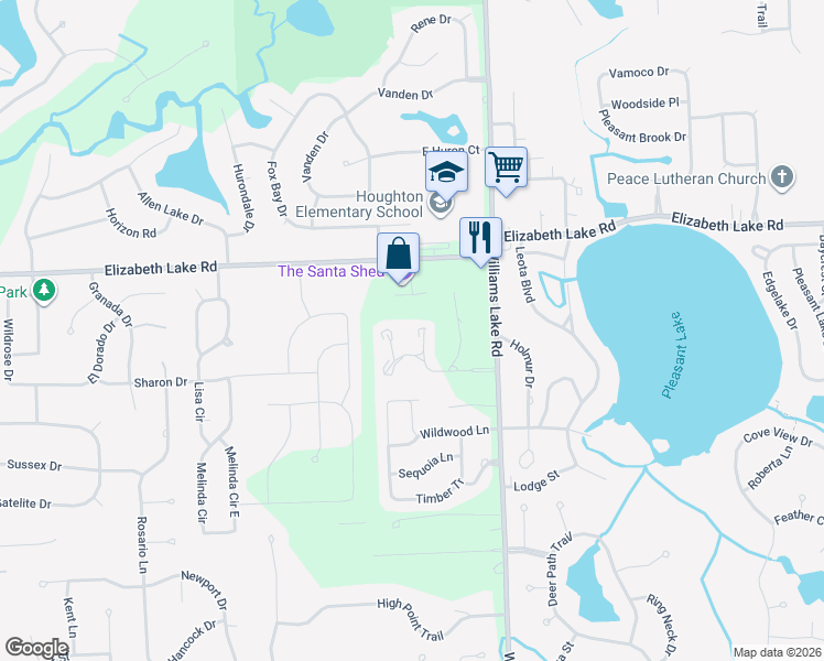 map of restaurants, bars, coffee shops, grocery stores, and more near 130 Huronview Court in White Lake charter Township