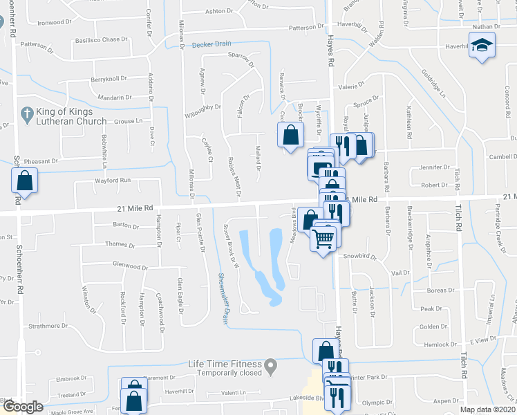 map of restaurants, bars, coffee shops, grocery stores, and more near 46824 Emerald Creek in Utica