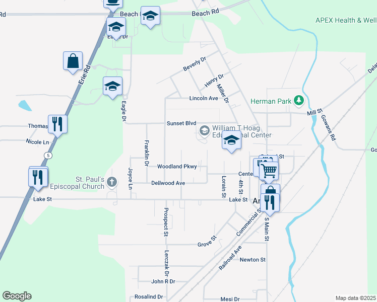 map of restaurants, bars, coffee shops, grocery stores, and more near 54 Glenwood Avenue in Angola