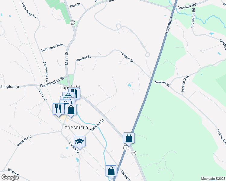 map of restaurants, bars, coffee shops, grocery stores, and more near 21 Towne Lane in Topsfield
