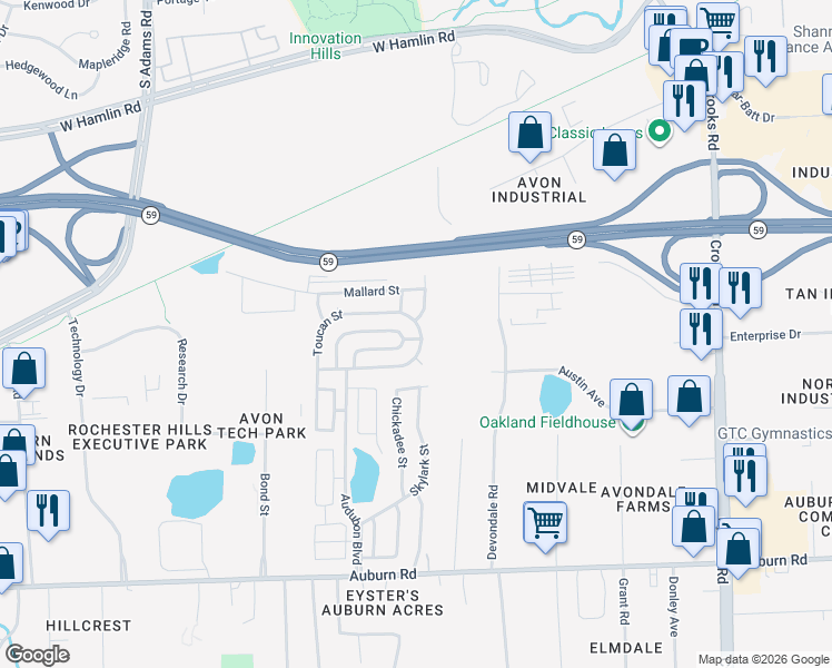 map of restaurants, bars, coffee shops, grocery stores, and more near 260 Toucan Street in Rochester Hills