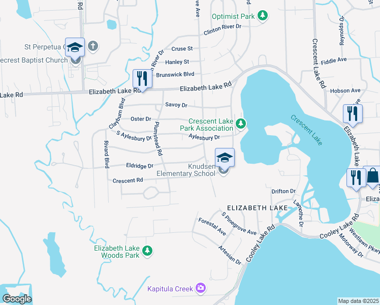 map of restaurants, bars, coffee shops, grocery stores, and more near 5505 Aylesbury Drive in Waterford Township