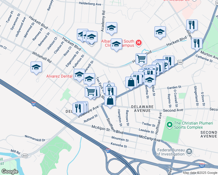 map of restaurants, bars, coffee shops, grocery stores, and more near 16 Cuyler Avenue in Albany