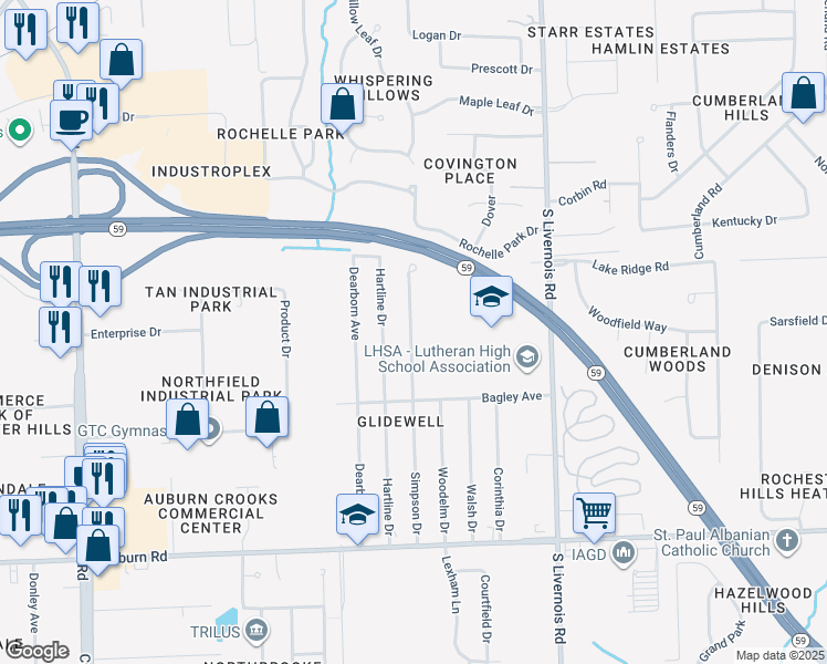 map of restaurants, bars, coffee shops, grocery stores, and more near 2633 Simpson Drive in Rochester Hills