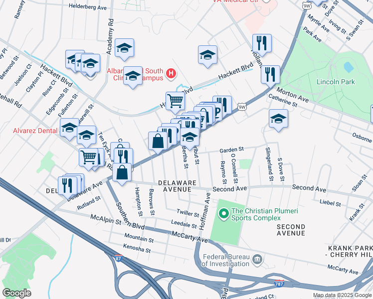 map of restaurants, bars, coffee shops, grocery stores, and more near 43 Bertha Street in Albany