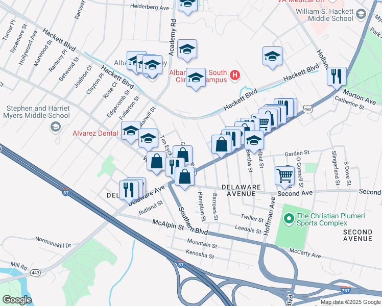 map of restaurants, bars, coffee shops, grocery stores, and more near 11 Cuyler Avenue in Albany