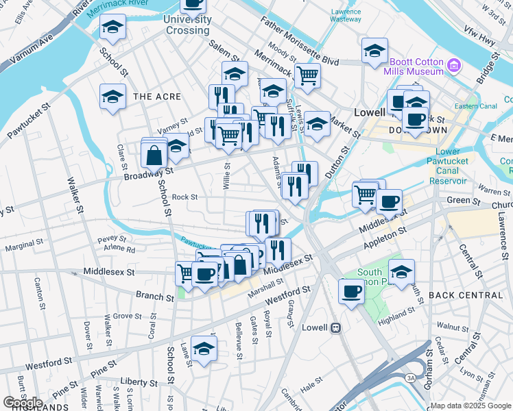 map of restaurants, bars, coffee shops, grocery stores, and more near 53 Rock Street in Lowell