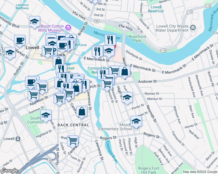 map of restaurants, bars, coffee shops, grocery stores, and more near in Lowell