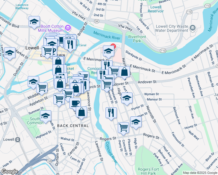 map of restaurants, bars, coffee shops, grocery stores, and more near in Lowell