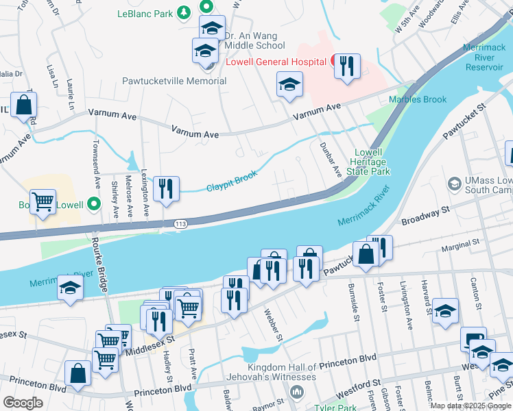 map of restaurants, bars, coffee shops, grocery stores, and more near 347 Pawtucket Boulevard in Lowell