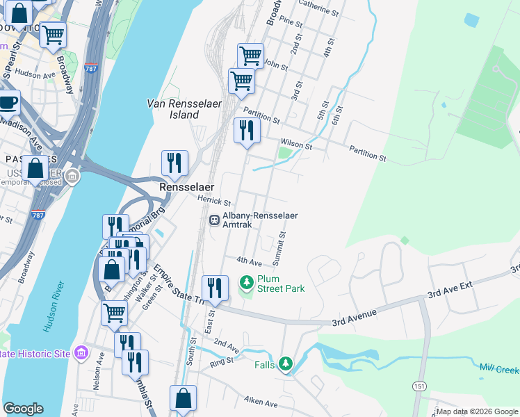 map of restaurants, bars, coffee shops, grocery stores, and more near 76 Elm Street in Rensselaer