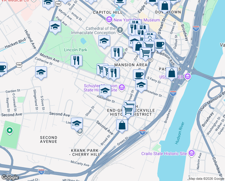 map of restaurants, bars, coffee shops, grocery stores, and more near 29 Elizabeth Street in Albany