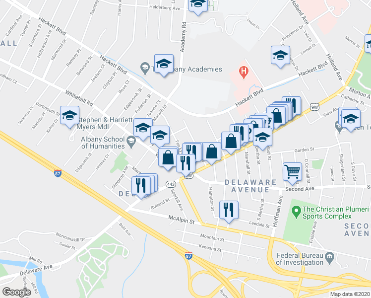 map of restaurants, bars, coffee shops, grocery stores, and more near 28 Cuyler Avenue in Albany