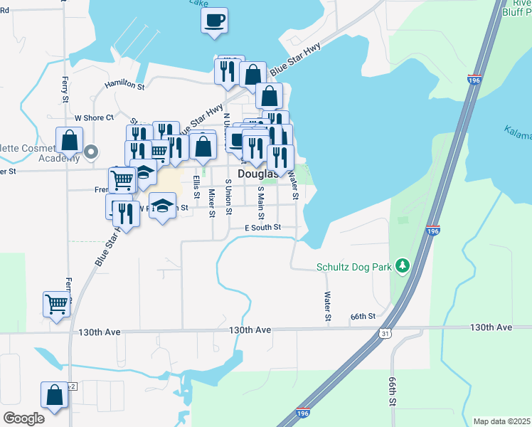 map of restaurants, bars, coffee shops, grocery stores, and more near 147 North Main Street in Douglas
