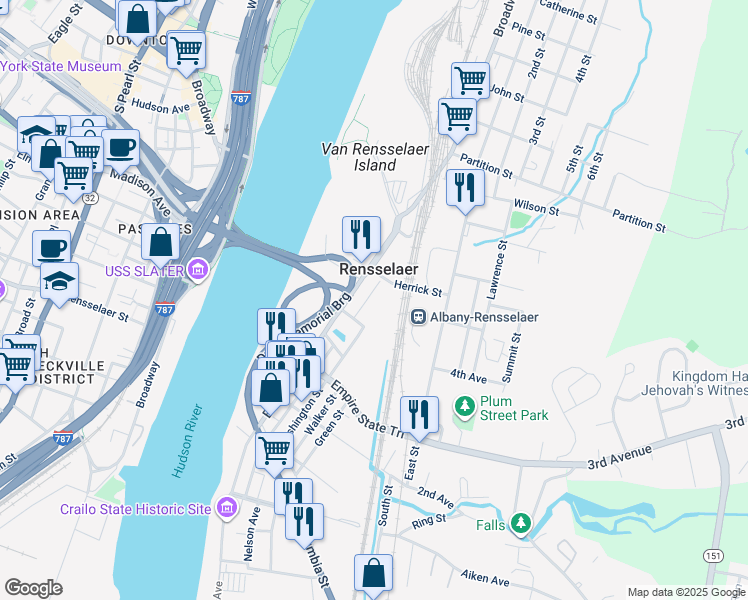map of restaurants, bars, coffee shops, grocery stores, and more near in Rensselaer