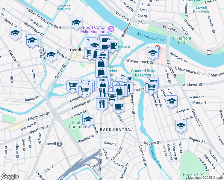 map of restaurants, bars, coffee shops, grocery stores, and more near 21 George Street in Lowell
