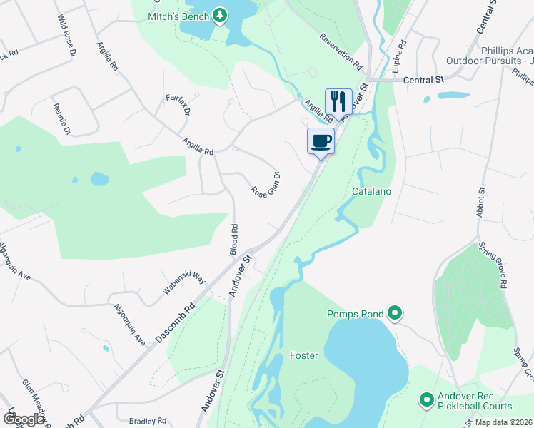 map of restaurants, bars, coffee shops, grocery stores, and more near 16 Rose Glen Drive in Andover