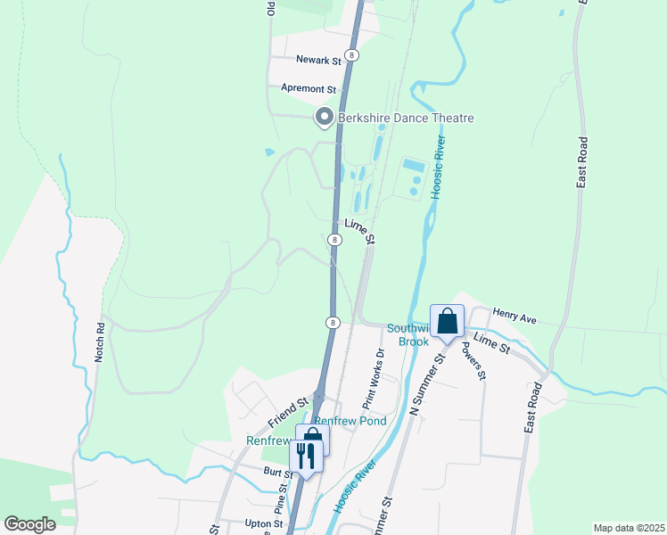 map of restaurants, bars, coffee shops, grocery stores, and more near 345 Columbia Street in Adams