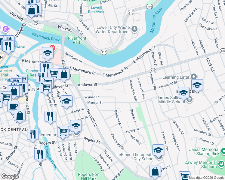 map of restaurants, bars, coffee shops, grocery stores, and more near 56 Mansion Drive in Lowell